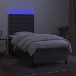 Pat cu arcuri, saltea și LED, gri închis, 90×200 cm, textil
