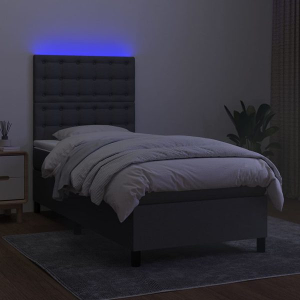 Pat cu arcuri, saltea și LED, gri închis, 90×200 cm, textil
