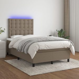 Pat cu arcuri, saltea și LED, gri taupe, 120×200 cm, textil