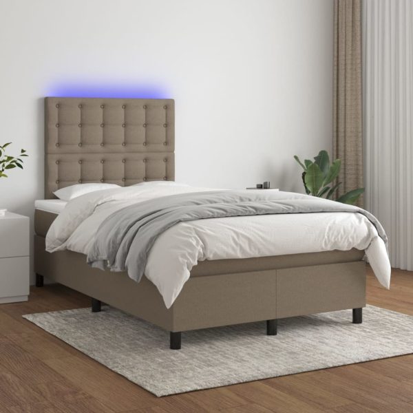 Pat cu arcuri, saltea și LED, gri taupe, 120×200 cm, textil