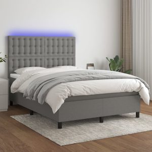 Pat cu arcuri, saltea și LED, gri închis, 140×200 cm, textil
