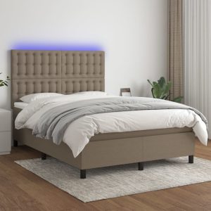 Pat cu arcuri, saltea și LED, gri taupe, 140×200 cm, textil