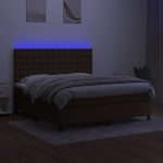 Pat cu arcuri, saltea și LED, maro închis, 160×200 cm, textil