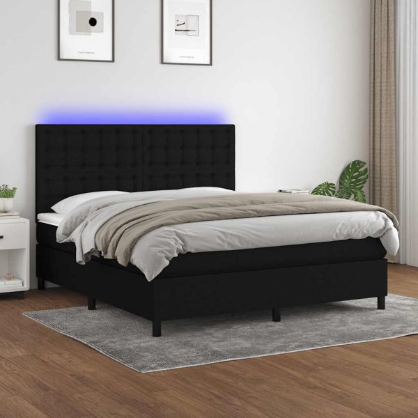 Pat cu arcuri, saltea și LED, negru, 180×200 cm, textil