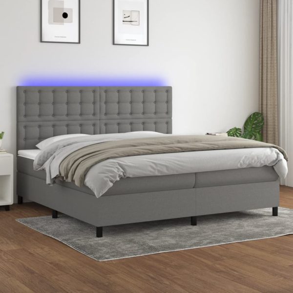 Pat cu arcuri, saltea și LED, gri închis, 200×200 cm, textil