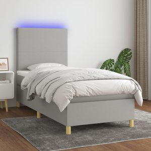 Pat cu arcuri, saltea și LED, gri deschis, 80×200 cm, textil