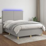 Pat cu arcuri, saltea și LED, gri deschis, 140×190 cm, textil