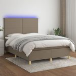 Pat cu arcuri, saltea și LED, gri taupe, 140×200 cm, textil