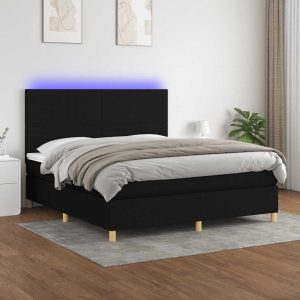 Pat cu arcuri, saltea și LED, negru, 180×200 cm, textil