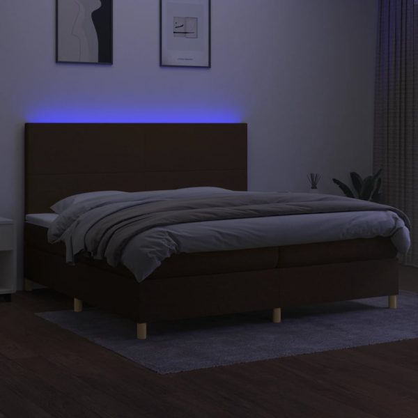 Pat cu arcuri, saltea și LED, maro închis, 200×200 cm, textil