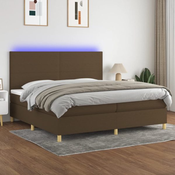 Pat cu arcuri, saltea și LED, maro închis, 200×200 cm, textil