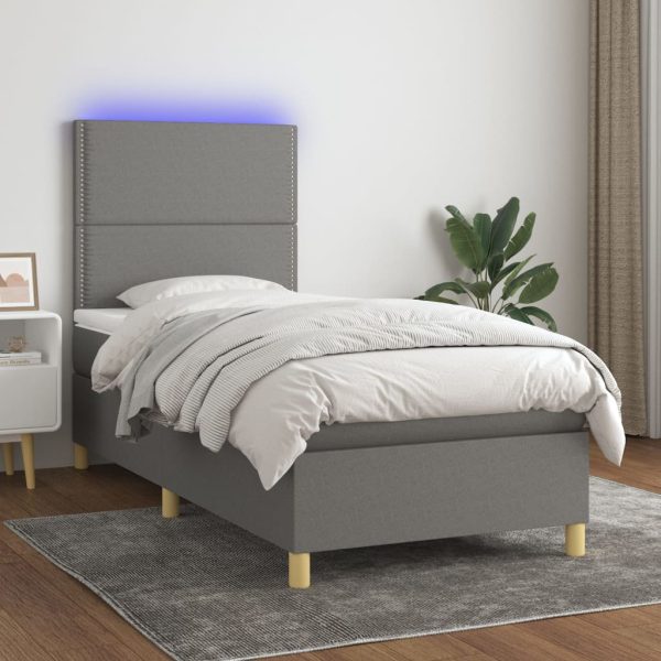Pat cu arcuri, saltea și LED, gri închis, 80×200 cm, textil