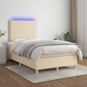 Pat cu arcuri, saltea și LED, crem, 120×200 cm, textil