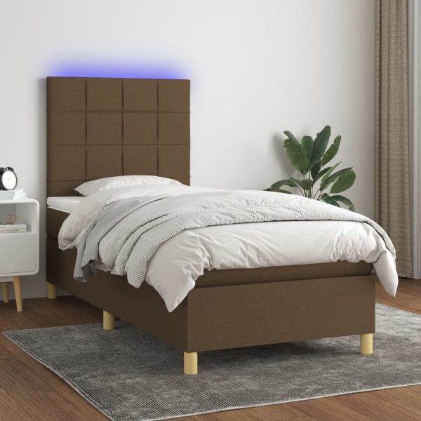 Pat cu arcuri, saltea și LED, maro închis, 80×200 cm, textil