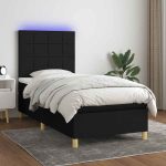 Pat cu arcuri, saltea și LED, negru, 90×190 cm, textil