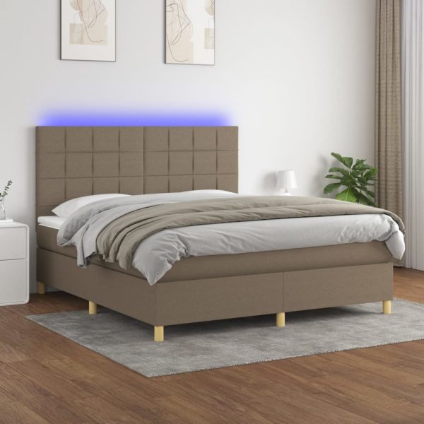 Pat cu arcuri, saltea și LED, gri taupe, 160×200 cm, textil
