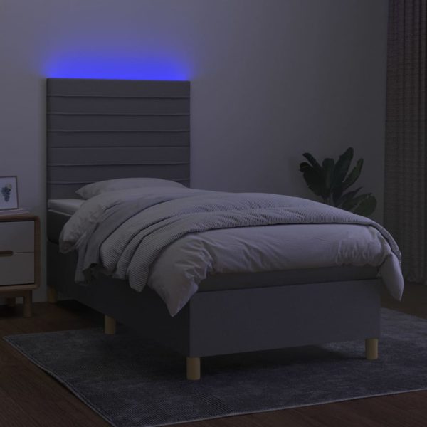 Pat cu arcuri, saltea și LED, gri deschis, 90×190 cm, textil