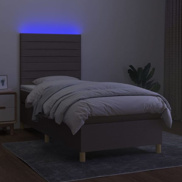 Pat cu arcuri, saltea și LED, gri taupe, 90×200 cm, textil