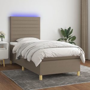 Pat cu arcuri, saltea și LED, gri taupe, 90×200 cm, textil
