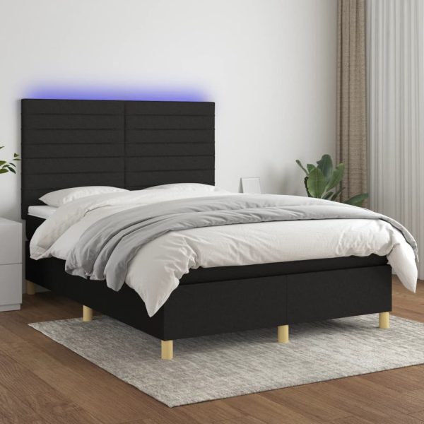 Pat cu arcuri, saltea și LED, negru, 140×190 cm, textil