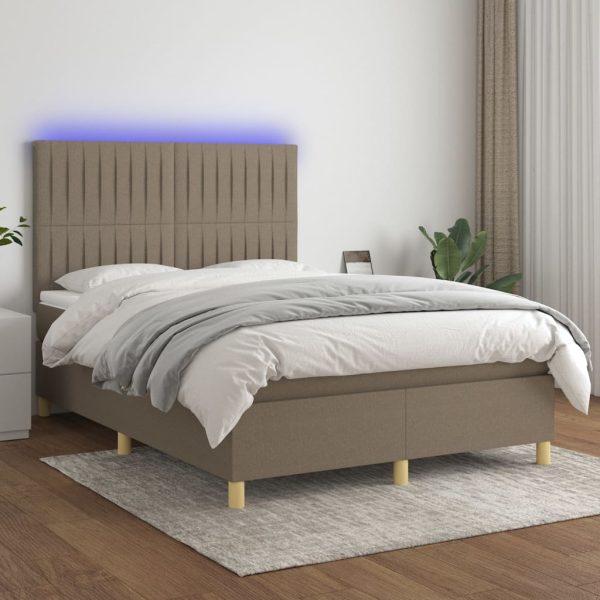 Pat cu arcuri, saltea și LED, gri taupe, 140×190 cm, textil