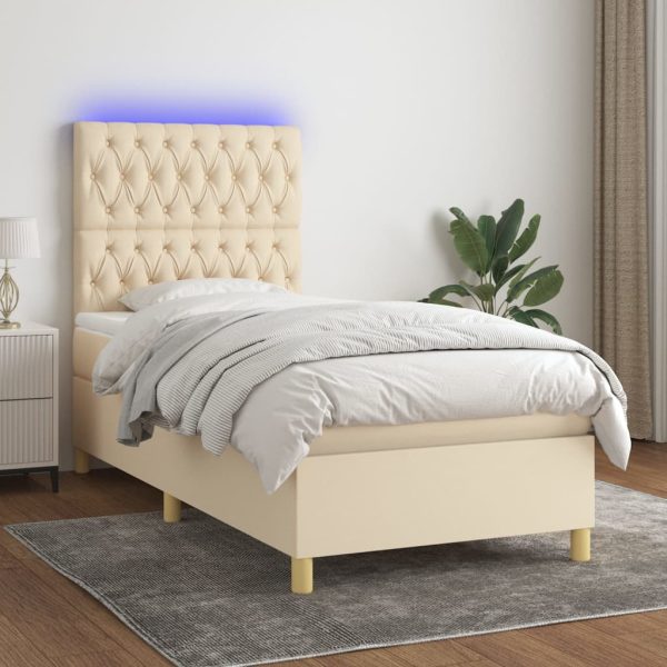 Pat cu arcuri, saltea și LED, crem, 80×200 cm, textil