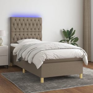 Pat cu arcuri, saltea și LED, gri taupe, 90×190 cm, textil