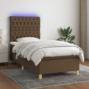 Pat cu arcuri, saltea și LED, maro închis, 90×200 cm, textil
