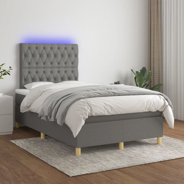 Pat cu arcuri, saltea și LED, gri închis, 120×200 cm, textil