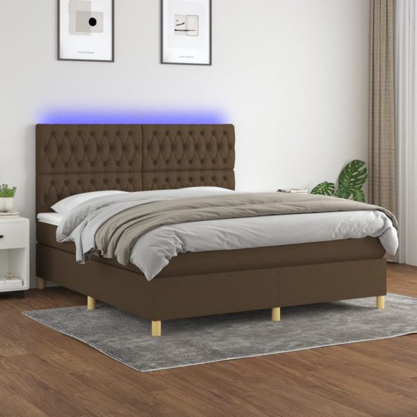 Pat cu arcuri, saltea și LED, maro închis, 160×200 cm, textil