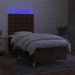 Pat cu arcuri, saltea și LED, maro închis, 80×200 cm, textil