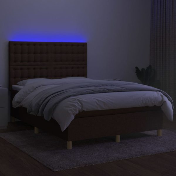 Pat cu arcuri, saltea și LED, maro închis, 140×190 cm, textil
