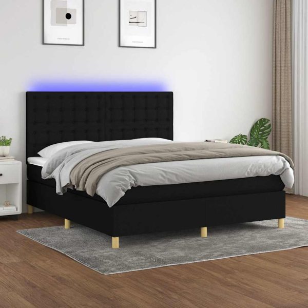 Pat cu arcuri, saltea și LED, negru, 160×200 cm, textil