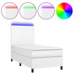 Pat continental cu saltea & LED, alb, 80×200 cm, piele eco