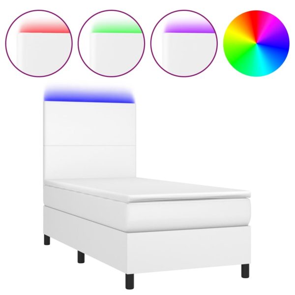 Pat continental cu saltea & LED, alb, 80×200 cm, piele eco
