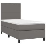 Pat cu arcuri, saltea și LED, gri, 90×190 cm, piele ecologică