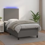 Pat cu arcuri, saltea și LED, gri, 90×190 cm, piele ecologică