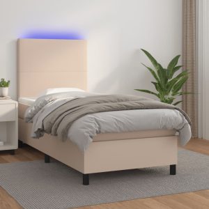 Pat cu arcuri, cu saltea și LED cappuccino 90×190 cm, piele eco