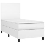 Pat continental cu saltea & LED, alb, 90×200 cm, piele eco