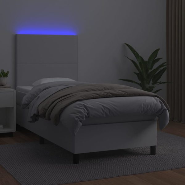 Pat continental cu saltea & LED, alb, 90×200 cm, piele eco