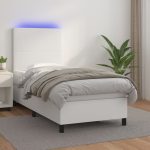 Pat continental cu saltea & LED, alb, 90×200 cm, piele eco
