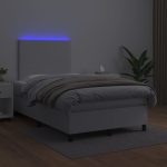 Pat cu arcuri, saltea și LED, alb, 120×200 cm, piele ecologică
