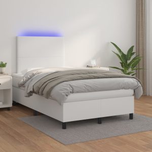 Pat cu arcuri, saltea și LED, alb, 120×200 cm, piele ecologică