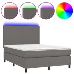 Pat cu arcuri, cu saltea & LED, gri, 140×190 cm, piele eco