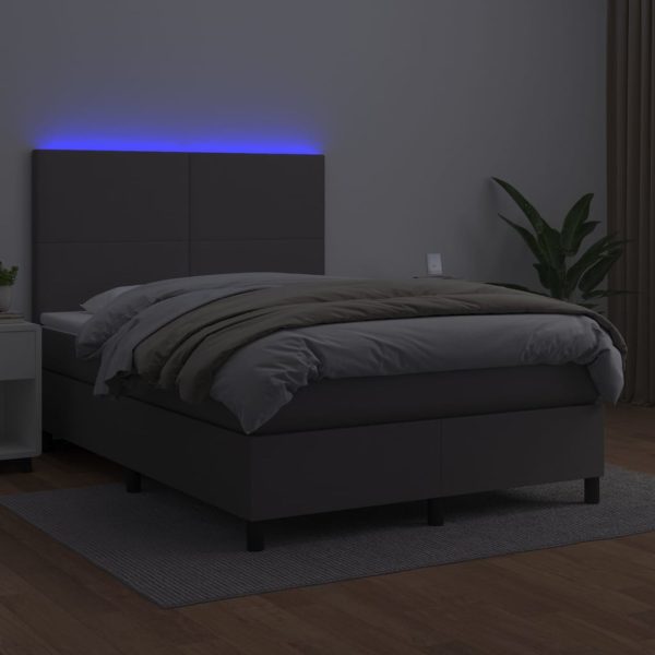Pat cu arcuri, cu saltea & LED, gri, 140×190 cm, piele eco