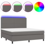 Pat cu arcuri, saltea și LED, gri, 160×200 cm, piele ecologică