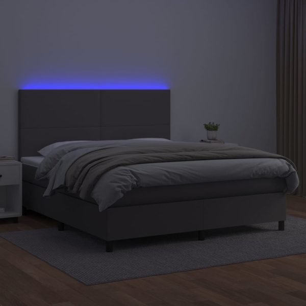 Pat cu arcuri, saltea și LED, gri, 160×200 cm, piele ecologică