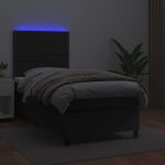 Pat continental cu saltea & LED, negru, 80×200 cm, piele eco