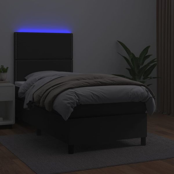 Pat continental cu saltea & LED, negru, 80×200 cm, piele eco