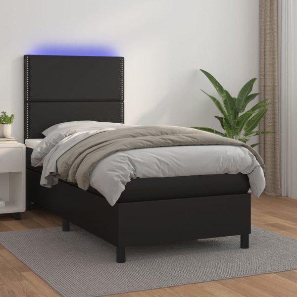 Pat continental cu saltea & LED, negru, 80×200 cm, piele eco